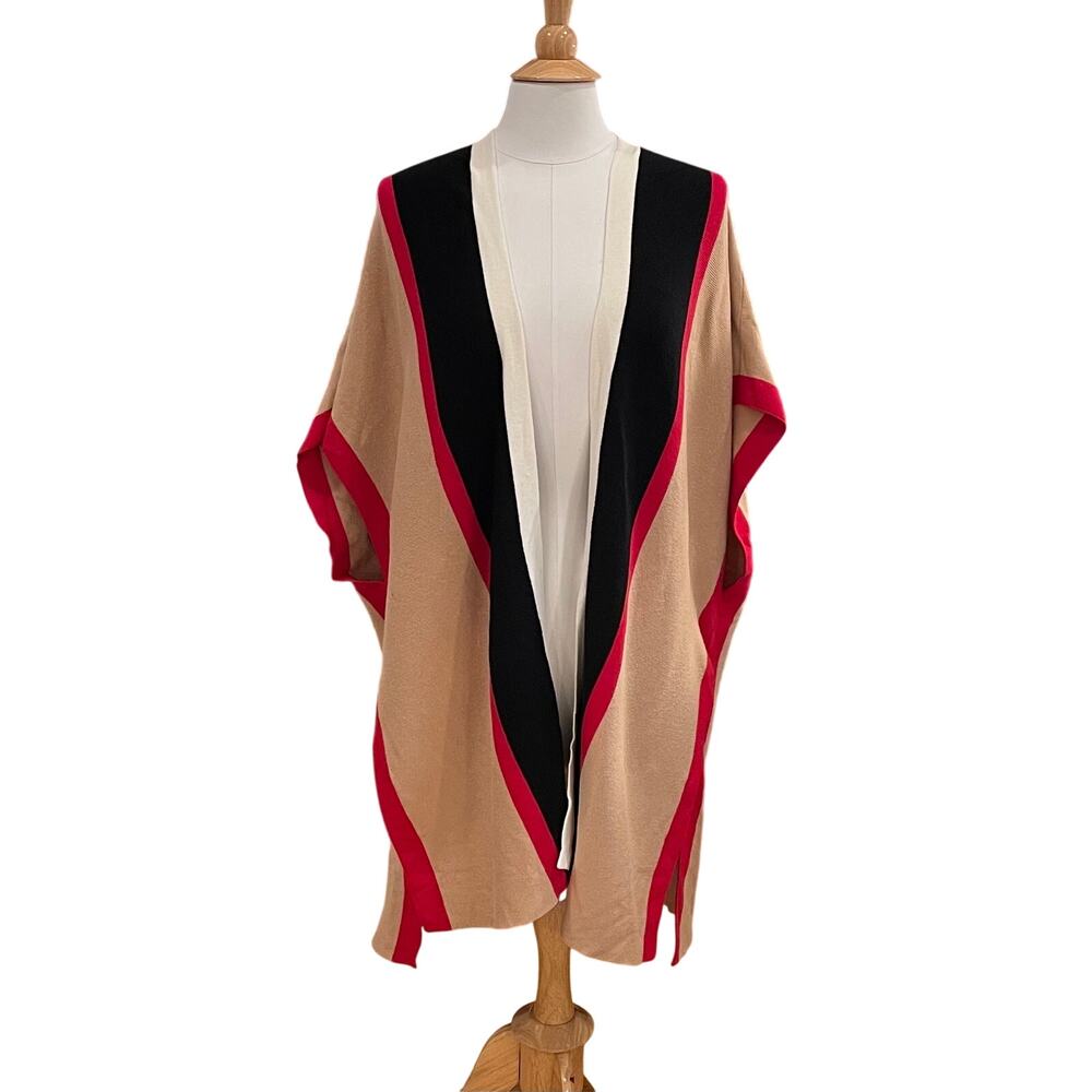 Chico's Camel, Red Colorblock Long Open Front Oversized Cardigan, Classic, S/M